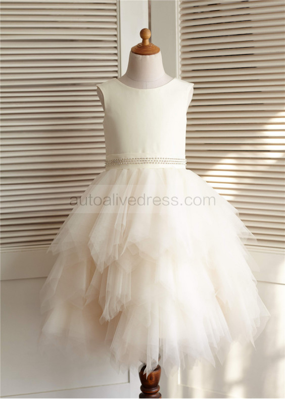 Champagne Satin Ruffle Tulle Tea Length Flower Girl Dress